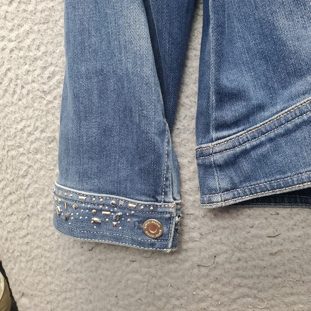 White House Black Market Trucker Jacket Womens 14 Blue Cuff Beaded Embellished